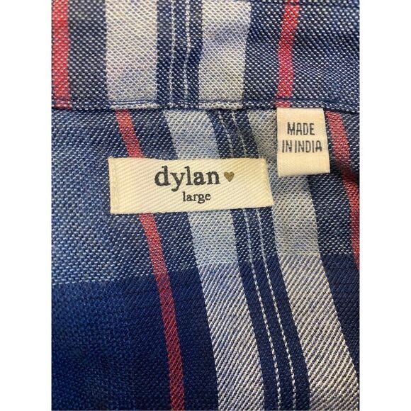 Dylan Plaid Button Front Blouse Fringe Hem Roll Up Sleeves Sz. L Packable - Picture 14 of 16